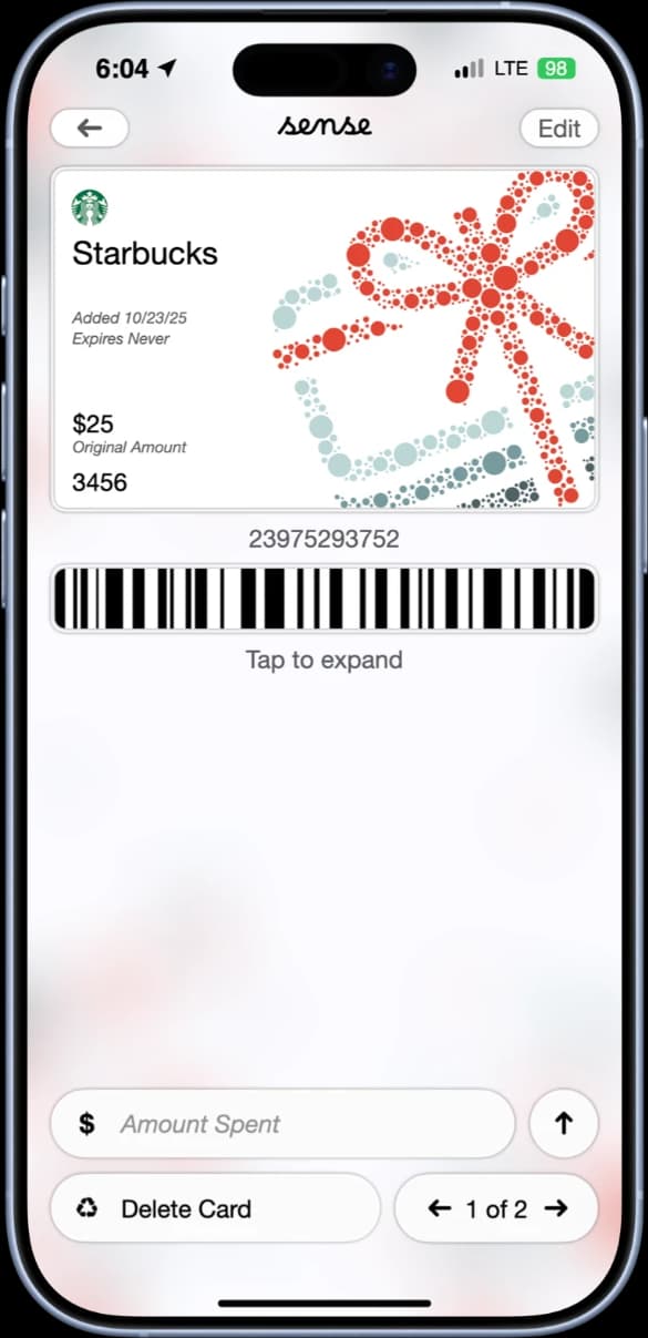 Card detail with barcode and balance